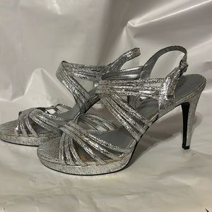 Silver strappy platform evening heels